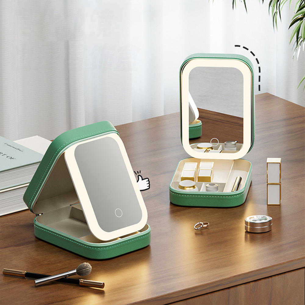 Portable LED Makeup Mirror with Adjustable Brightness and Storage