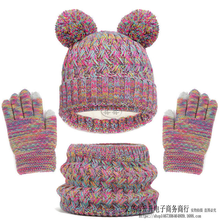 Children's Autumn And Winter Fleece-lined Thickened Double Ball Hat Scarf Gloves Three-piece Set