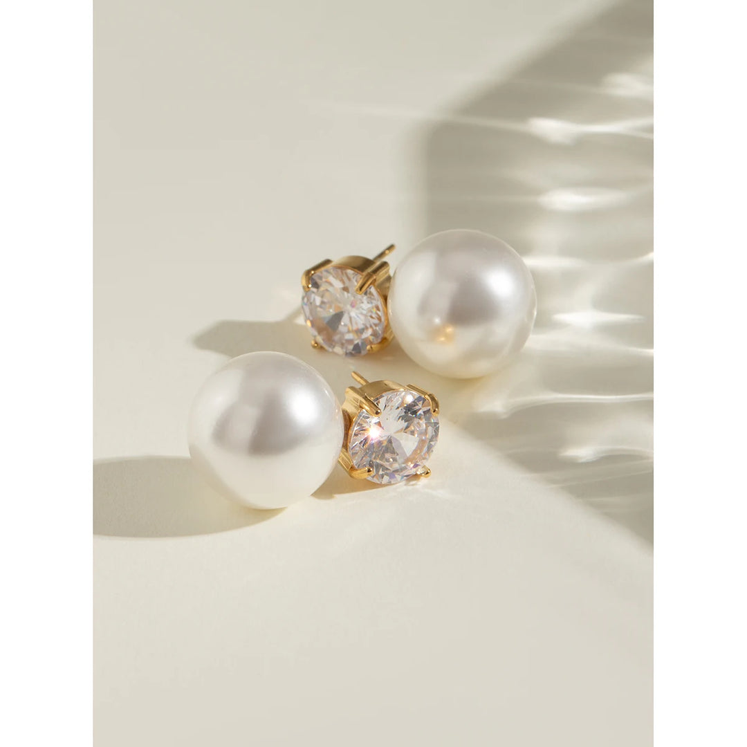 Gold Plated Stainless Steel Vintage Pearl & Zircon Earrings