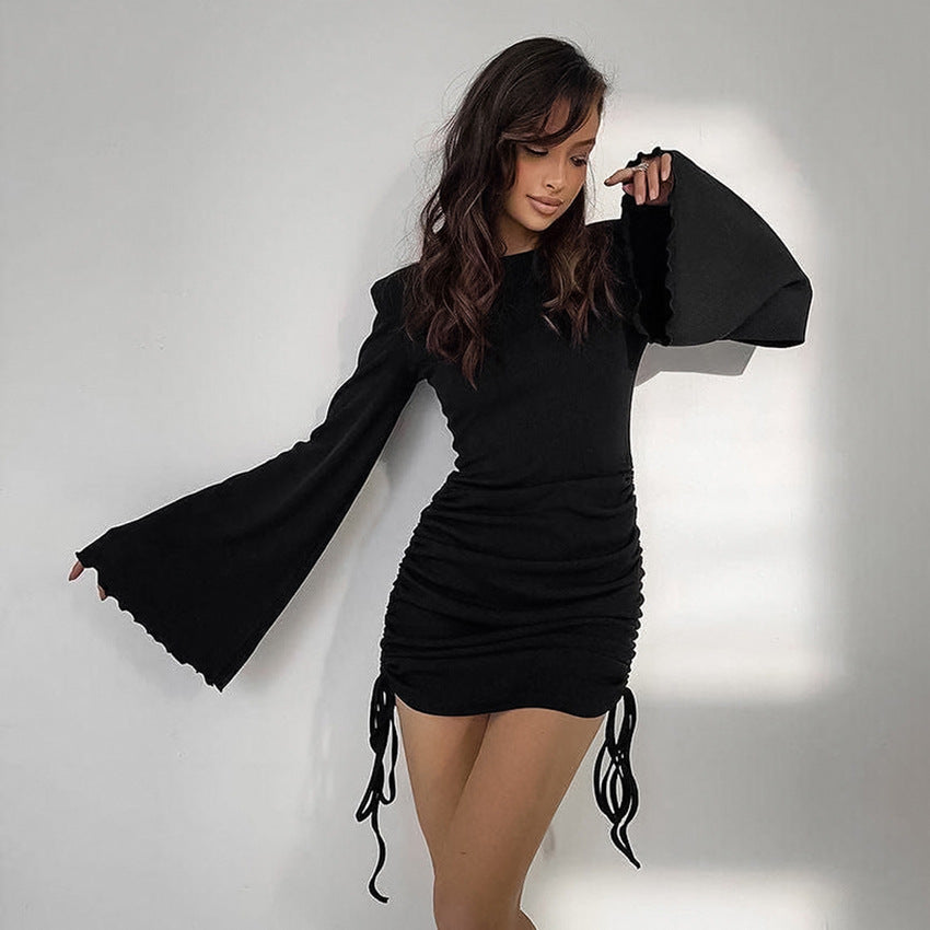 Autumn And Winter European And American Black Sunken Stripe Knitted Dress Women's Elegant Flare Sleeve Waist