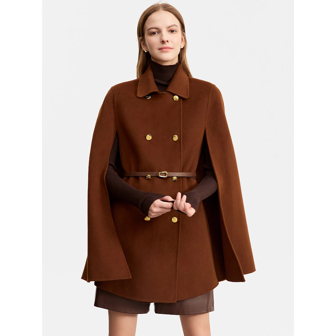 Women's Vintage Wool Cashmere Cape Coat with Leather Belt