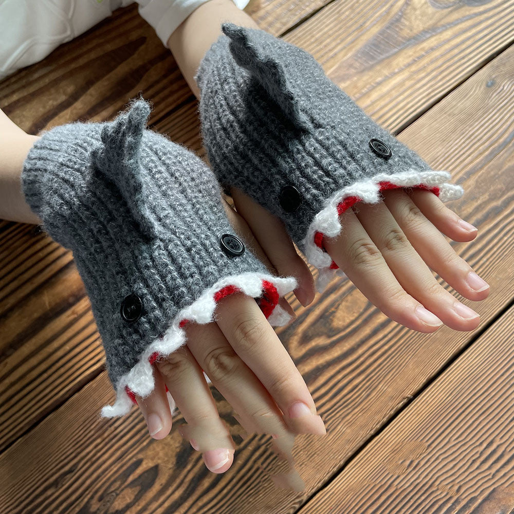 New Cartoon Grey Shark Warm Half Finger Knitted Gloves