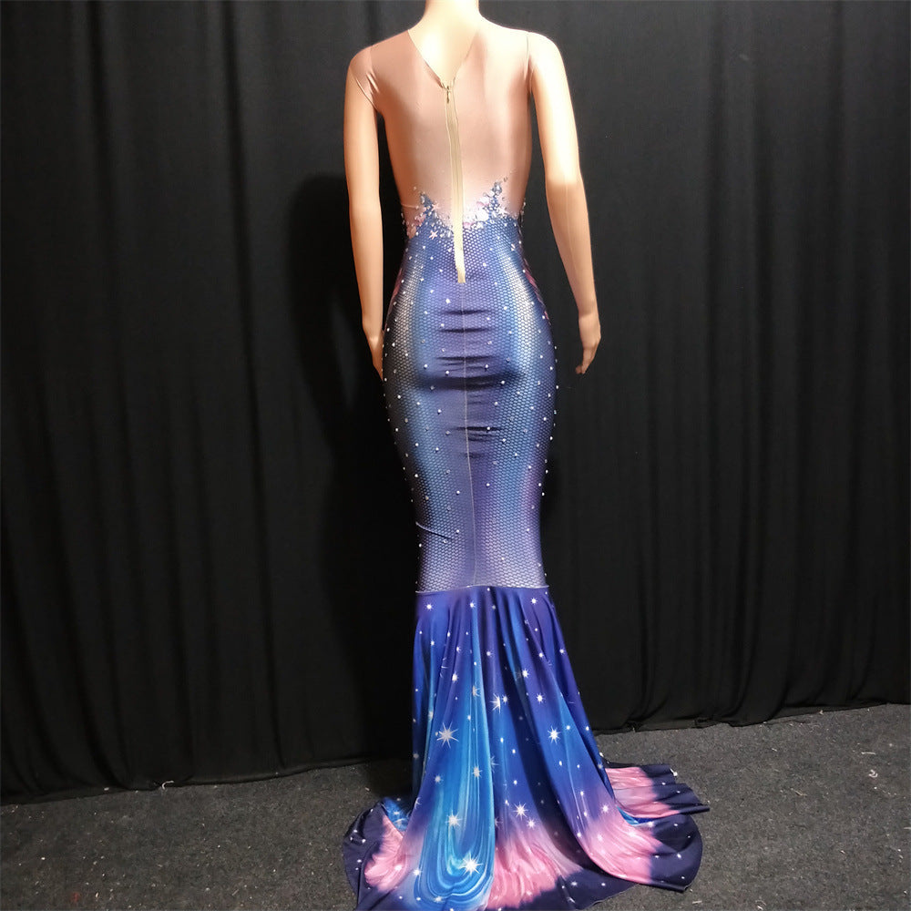 Mermaid Costume Blue Piranha Female Singer Hot Drilling