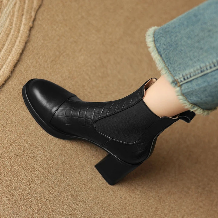 Stylish Women's Genuine Leather Ankle Boots with Chunky Heels