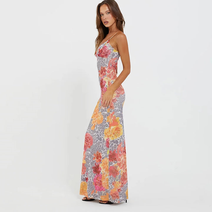 Elegant Spaghetti Strap Printed Maxi Dress - Sexy Backless Long Dress for Summer