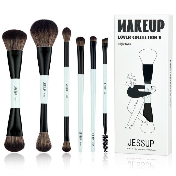 Double-Sided Makeup Brush Set - 6pcs Foundation, Contour, Blush, Eyeshadow & Eyebrow Brushes