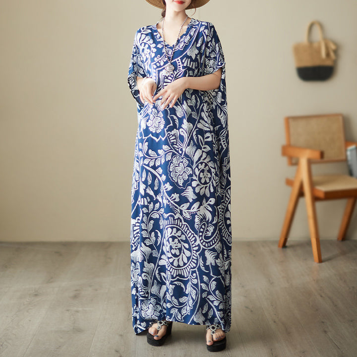 Women's V-neck Printed Cotton Maxi Dress Vacation Style Bohemian Dress