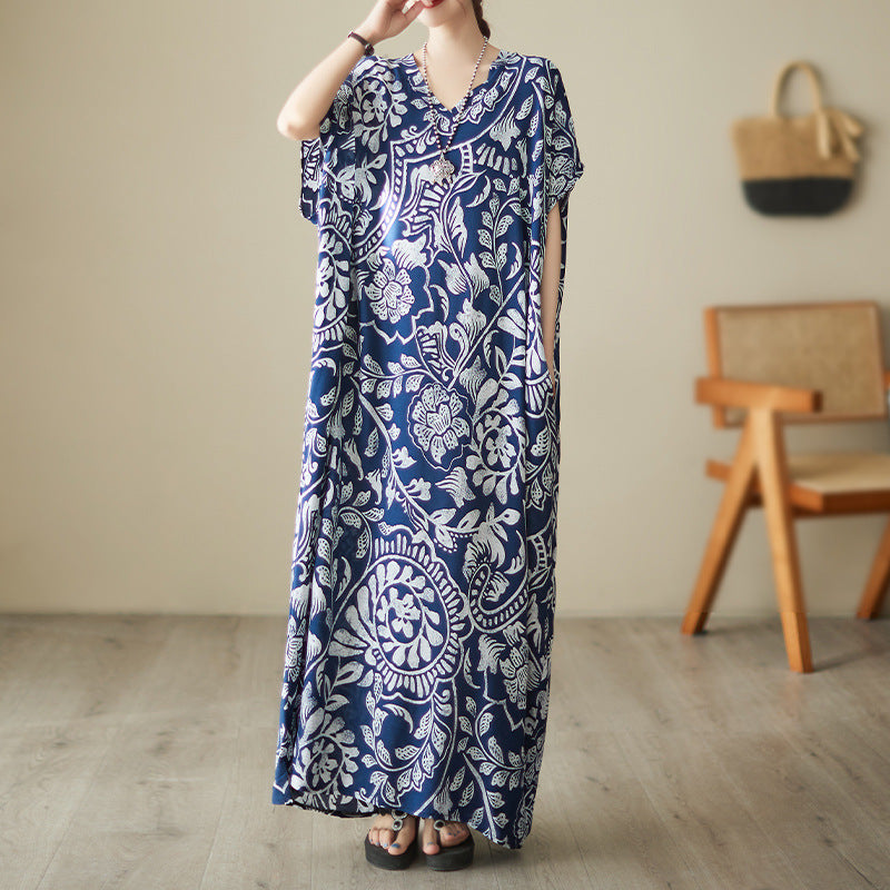 Women's V-neck Printed Cotton Maxi Dress Vacation Style Bohemian Dress