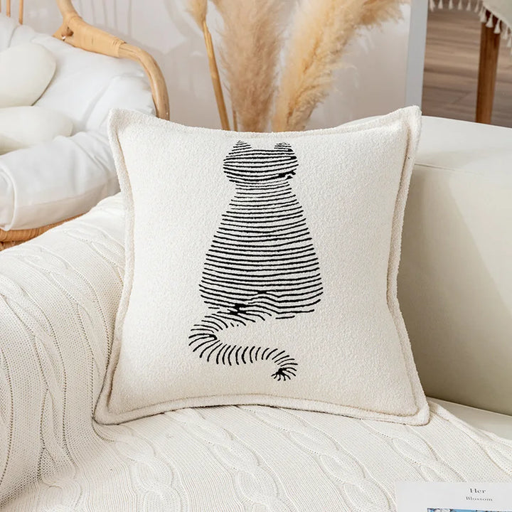 Nordic Cat Print Cushion Cover - Cute Plush Pillow Case for Autumn Home Decor