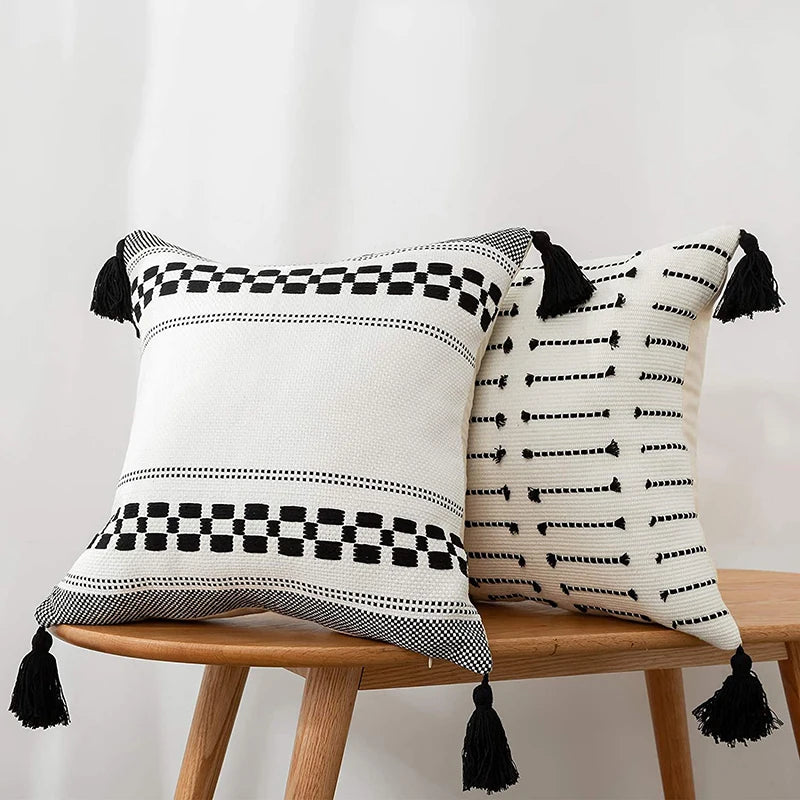 Elegant Black and White Cushion Cover 18x18 with Woven Tassels