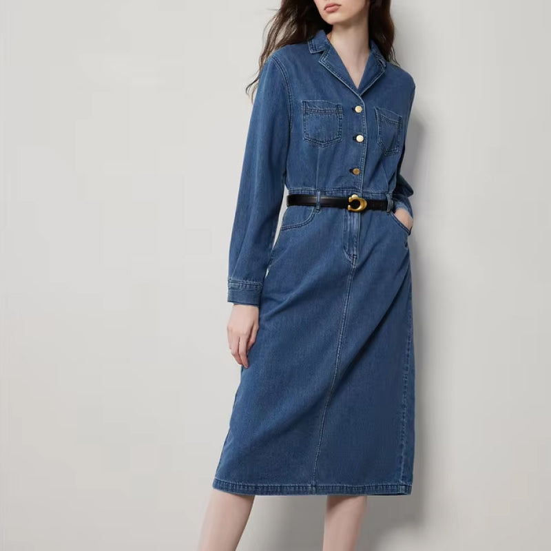 Mid-Length Denim A-Line Dress with Lapel Collar and Long Sleeves