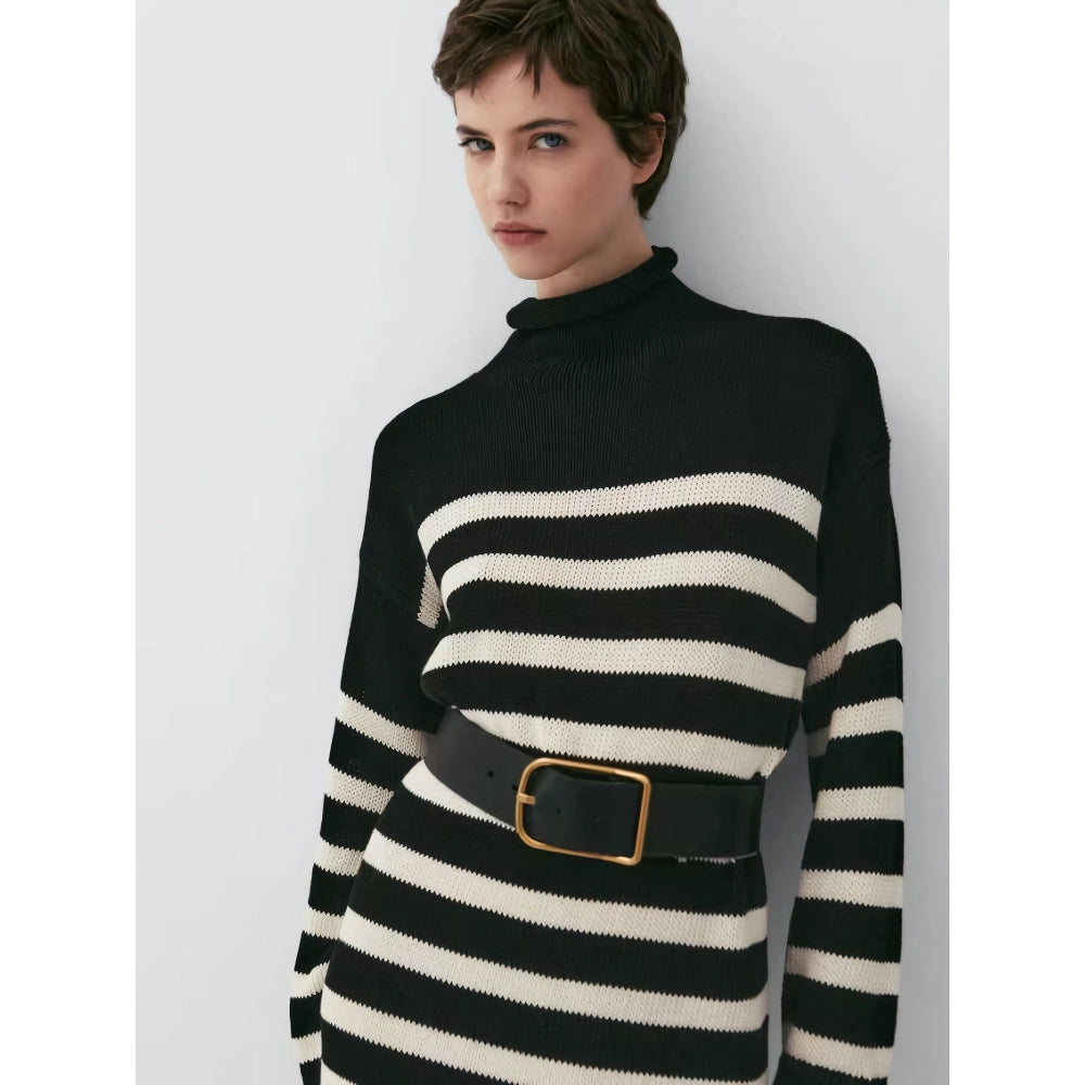 Autumn Slim-Fit Striped Turtleneck Knit Dress