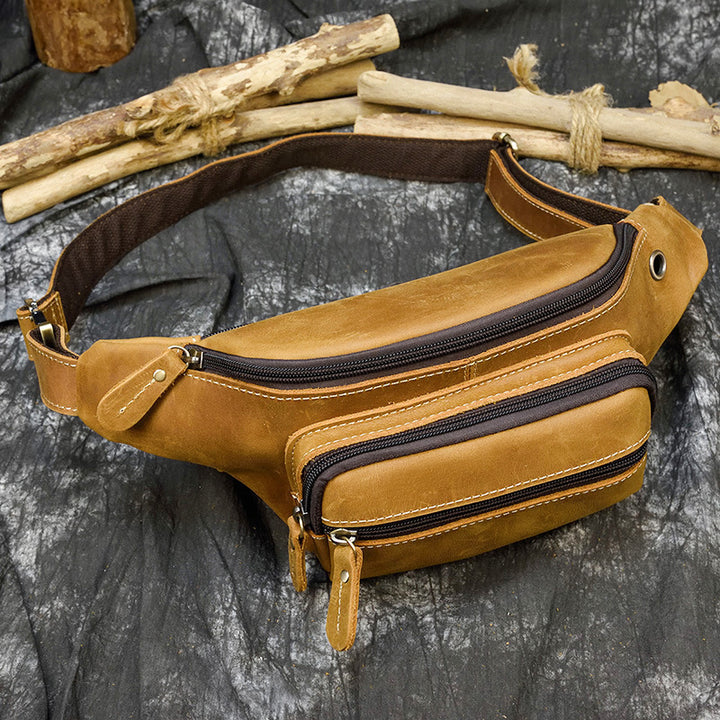 Retro Leather Fanny Pack Men's Crazy Horse Leather Chest Bag