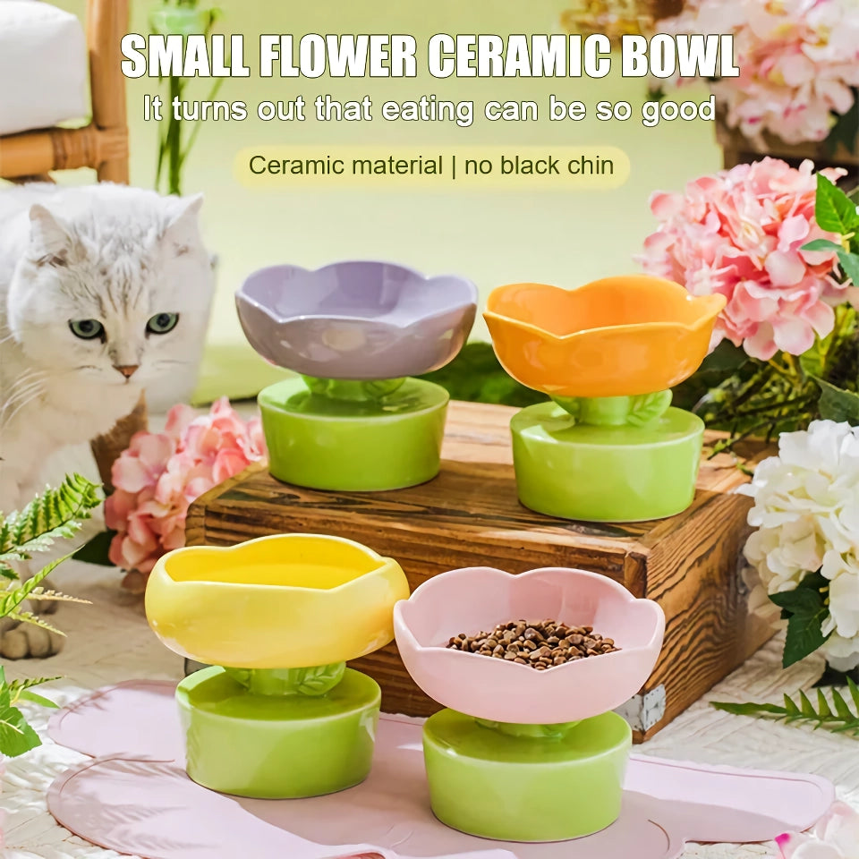 Flower-Shaped Ceramic Cat Bowl - Creative Food & Water Dish for Cats