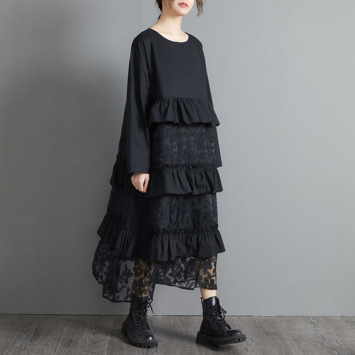 Plus Size Black Lace Stitching Long Sleeve Loose Retro Dress