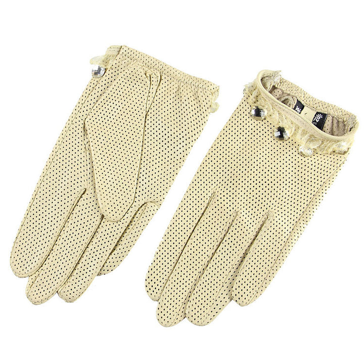 Ladies Sheepskin Perforated Breathable Single Leather Touch Screen Full Finger Gloves