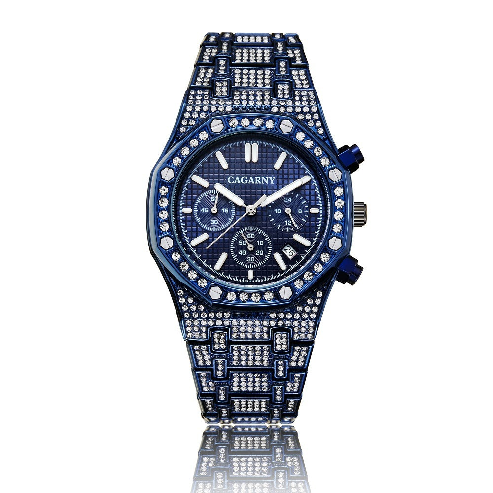 Diamond Full Diamond Six Hands Quartz Chronograph Men's Watch