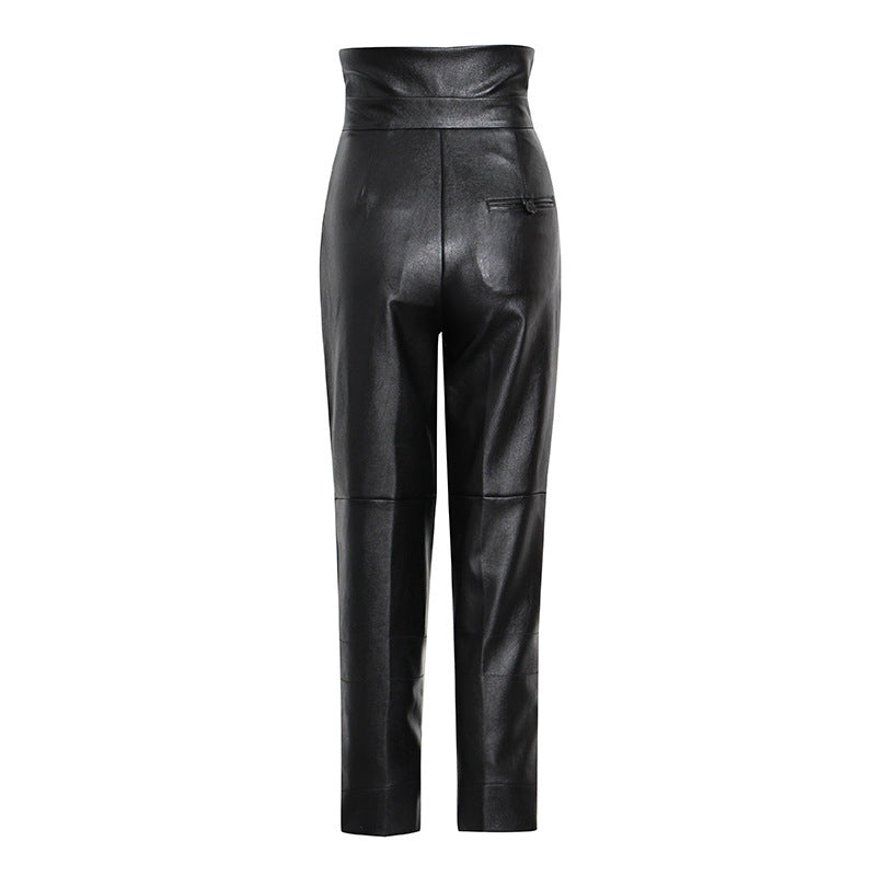 Fashion Temperament Casual High Waist PU Leather Pure Carrot Pants Women