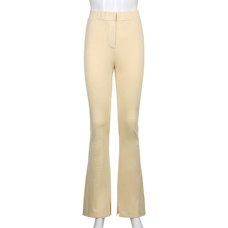 Pure color high waist skinny split casual pants women