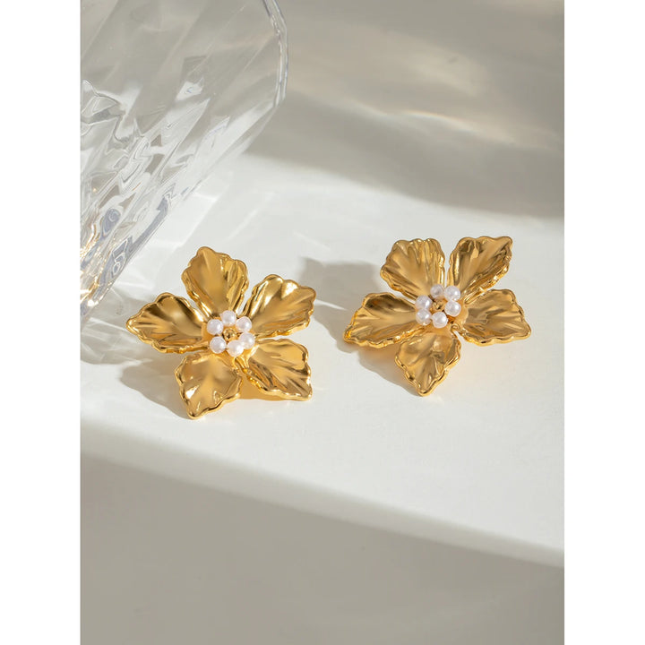 18k Gold Plated Vintage Flower Textured Stainless Steel Statement Earrings