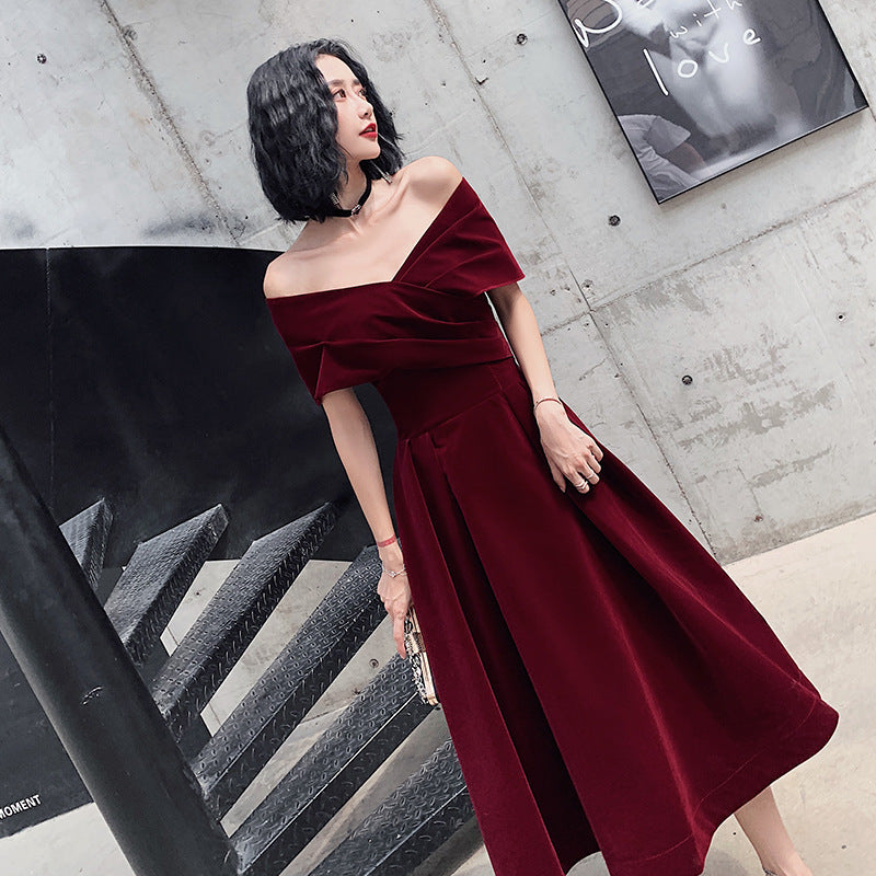 Off-shoulder Toast Bride Wine Red Dress