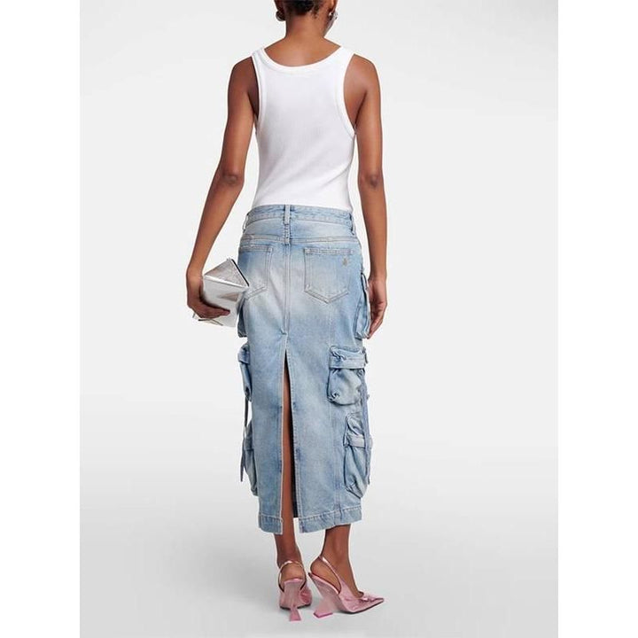 High Waist Denim Skirt with Distressed Detail and Ribbon Slit