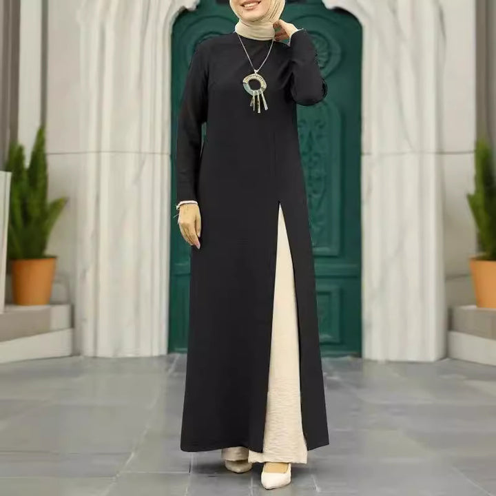 Muslim Women's Wear Ice Silk Wrinkle Long Sleeve High Slit Hem Dress