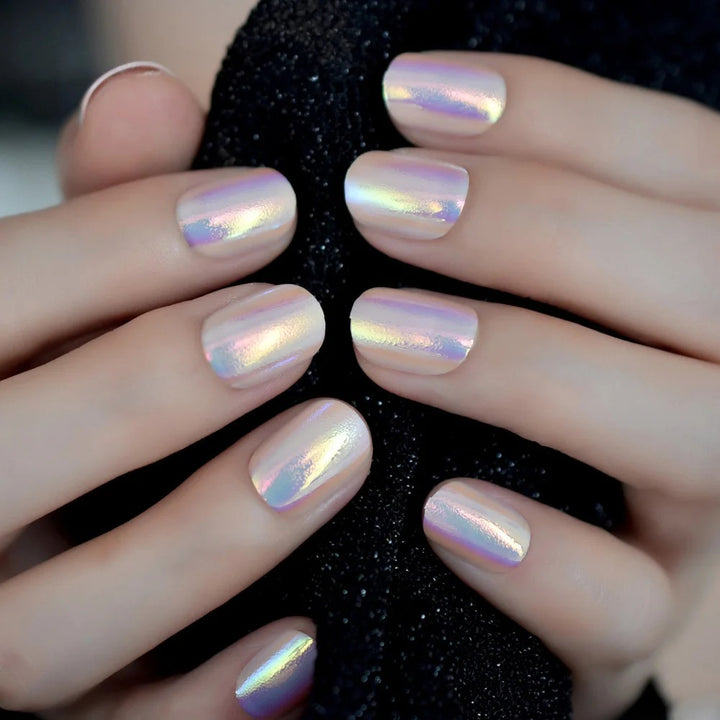 Chrome Iridescent Press On Nails - Short Round Glossy Tips