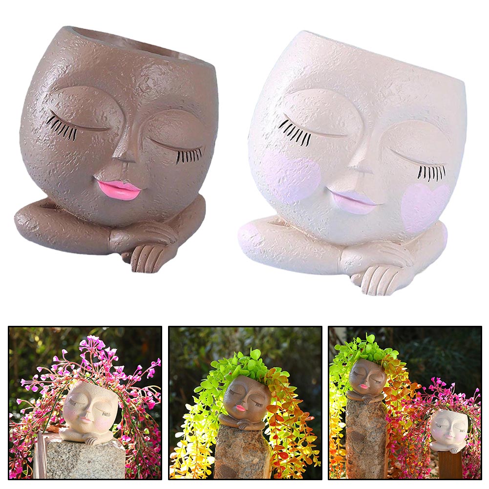 Whimsical Girl Face Resin Flower Pot with Drain Hole