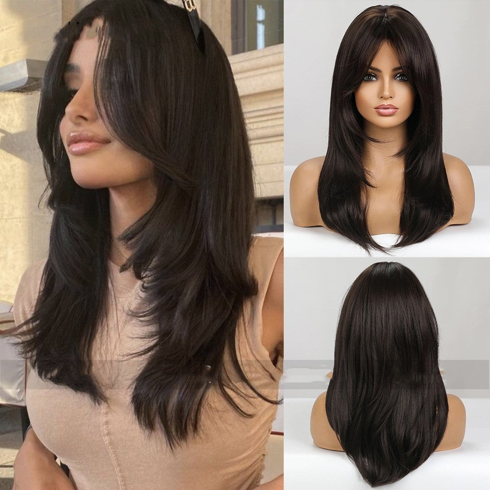 Gradient Gold Black Brown Mid-length Straight Hair Wig