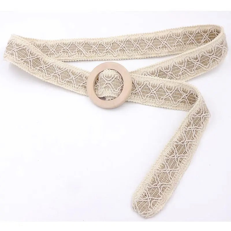 Boho Crochet Lace Belt with Wooden Buckle