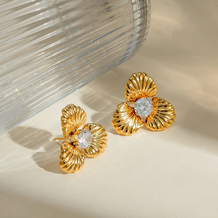 Gold-Plated Stainless Steel Zircon Flower Stud Earrings