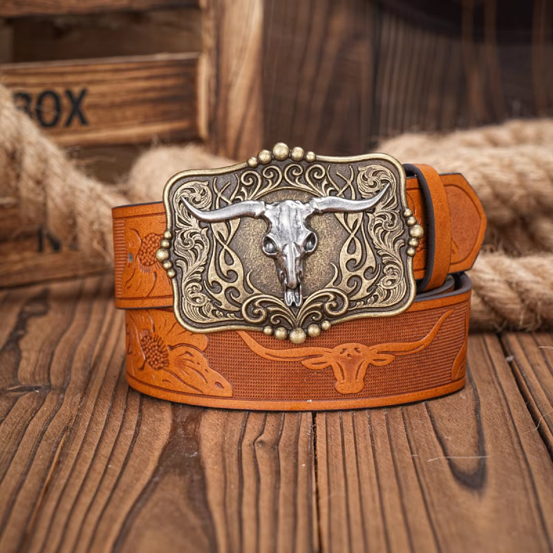 Western Cowboy PU Leather Belt with Bull Decoration and Floral Engraving