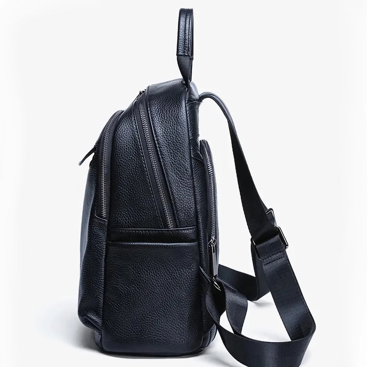 Stylish Black Cowhide Leather Backpack for College Girls