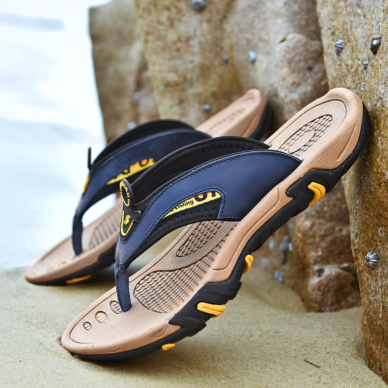 Men's Flip Flops Genuine Leather Summer Breathable Non-slip Platform Outdoor Beach Slippers