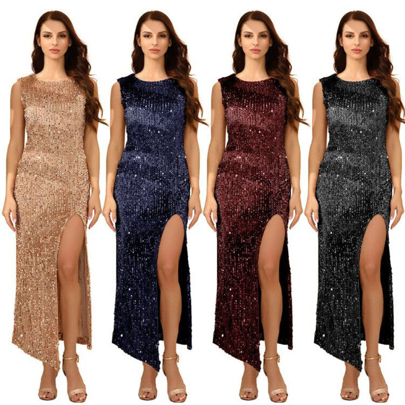 European And American Women's Clothing Pure Color Sequins Dress