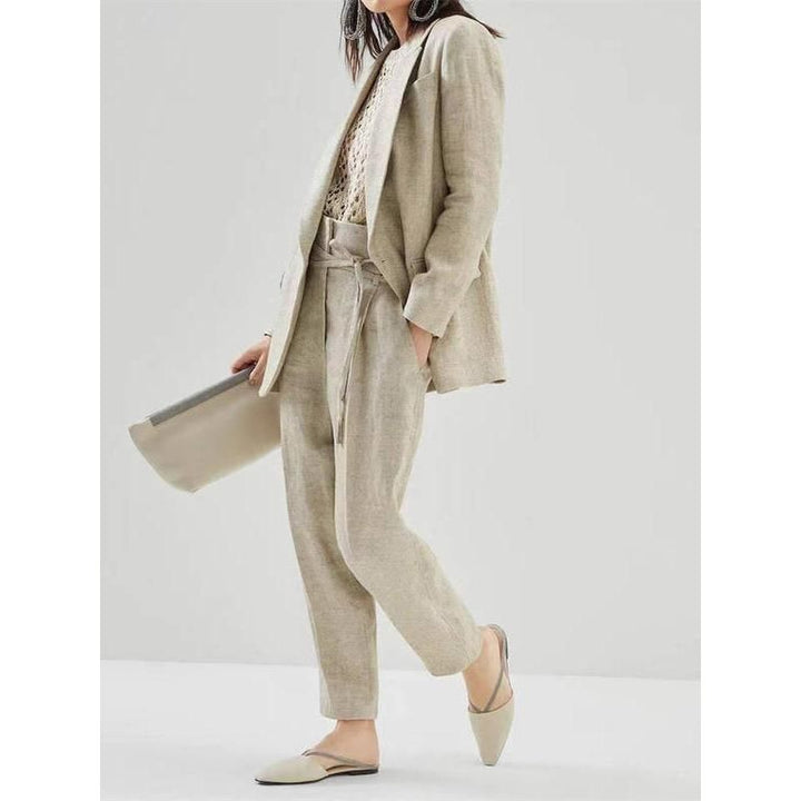 Elegant Cotton Linen Women's Blazer and Pants Set