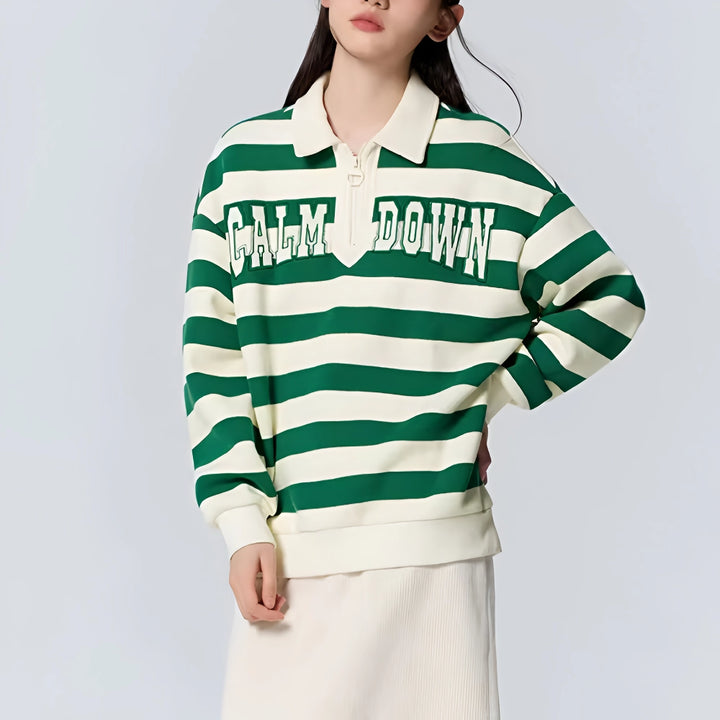 Oversized Waffle Texture Striped Polo Collar Sweatshirt