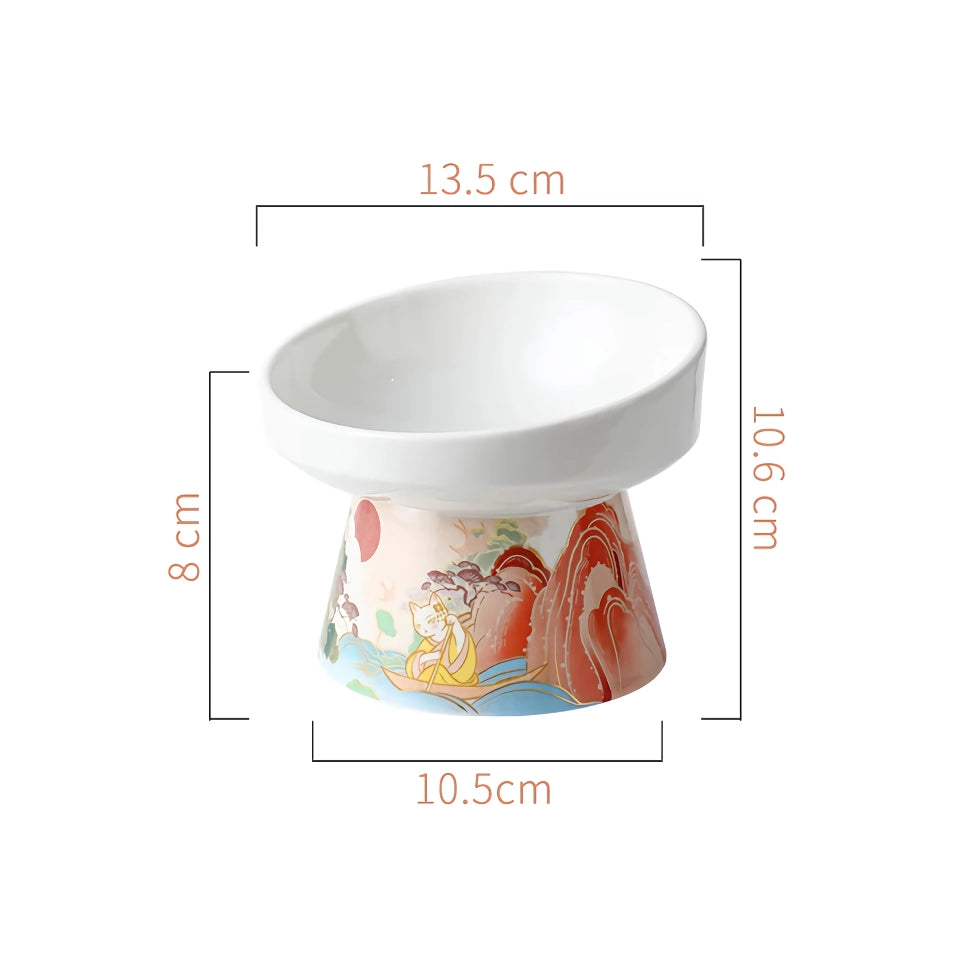 Chinese Style Ceramic Cat Bowl - Elevated Pet Food and Water Feeder