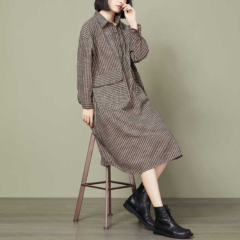 Korean Style Plus Size Striped Loose Long Sleeve Dress Women