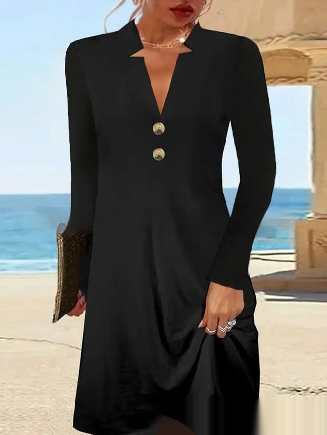 New Long Sleeve V-neck Black Dress All-matching Women