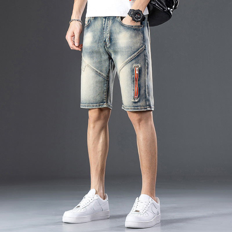 Decorative Zipper Stitching Casual Five-point Denim Shorts Men