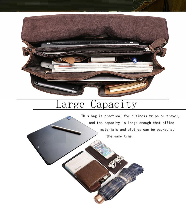 Large Capacity Retro Portable Crazy Horse Leather Briefcase For Men