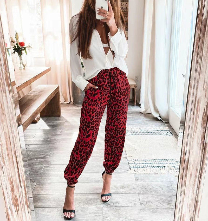 New Leopard Print Elastic Waist Casual Trousers Women