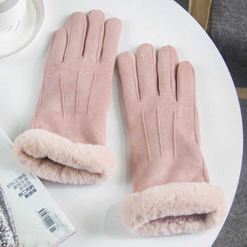 Windproof and cold-proof plus velvet thick suede European embroidery double-layer gloves