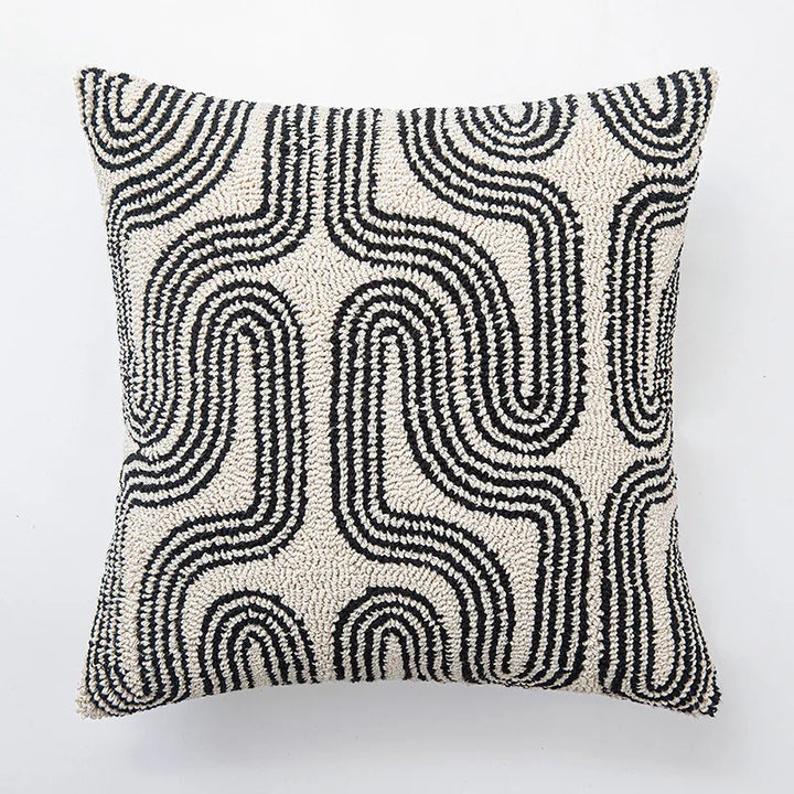 Black and White Geometric Embroidered Cushion Cover - 18x18in Modern Handmade Pillow Cover