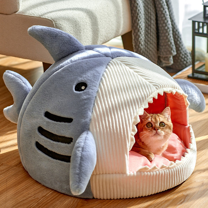 Cozy Cartoon Shark Cat Bed