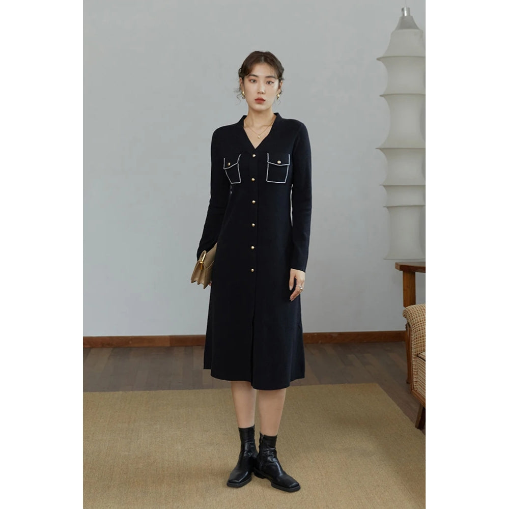 Elegant Black V-Neck Knitted A-line Winter Dress