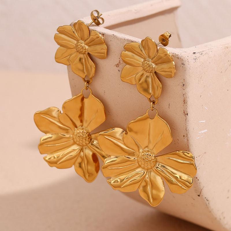 18K Gold Plated Two Flower Drop Earrings - Waterproof & Tarnish Free Stainless Steel