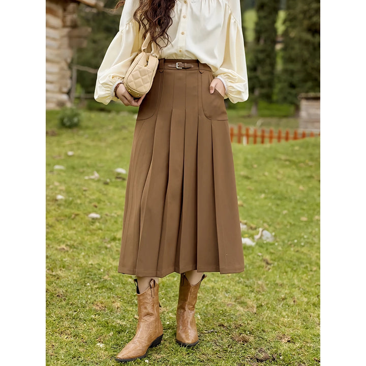 High Waist Pleated A-Line Skirt with Decorative Belt and Pockets